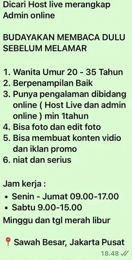 DIBUTUHKAN SEGERA HOST LIVE MERANGKAP ADMIN ONLINE SHOP