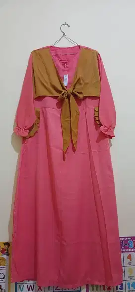 Gamis Pink Tunik Layer Ruffle Wanita | Kombinasi Coklat Modis & Nyaman