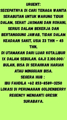 Dicari tenaga serabutan perempuan untuk warung