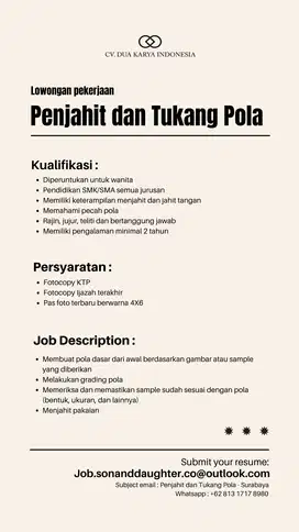 Lowongan Pekerjaan Tukang Pola