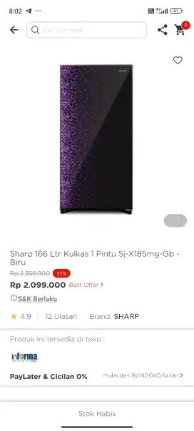 KULKAS SHARP 1 PINTU SJ-185MG-GB 166 LTR