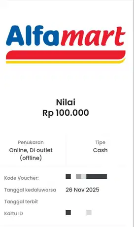 Voucher digital Alfamart nominal 100k (90k per Voucher)