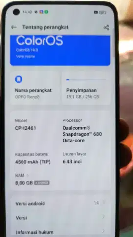 Jual hp Oppo Reno 8 ram 8/256 batangan