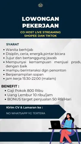 LOWONGAN KERJA SEBAGAI CO HOST LIVE