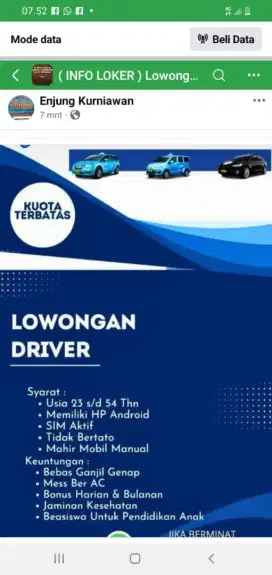 Lowongan Driver Untuk Armada Baru