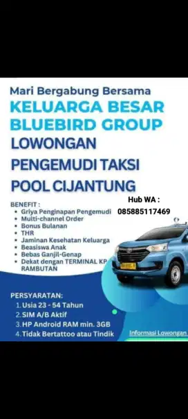 Lowongan pekerjaan driver pool bluebird cijantung