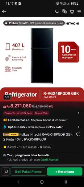 Kulkas Hitachi 2 pintu 407L Inverter x Dual Fan Cooling