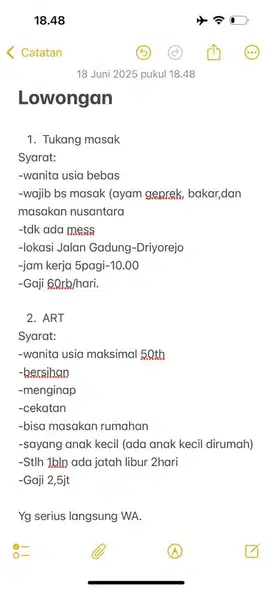 Lowongan TUKANG MASAK & ART
