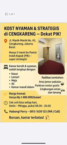 Kos nyaman murah dan strategis dekat PIK jakarta barat