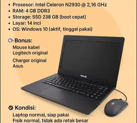 Laptop Asus X453MA | SSD 238GB | RAM 4 GB | Cocok pelajar & mahasiswa