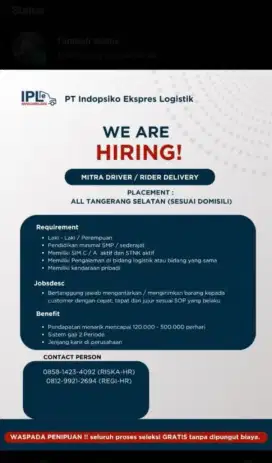 Lowongan kurir delivery paket kota Tangerang