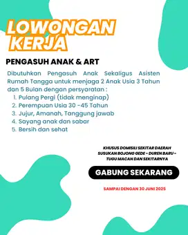 Pengasuh Anak dan ART Perempuan Usia 30-45 Tahun