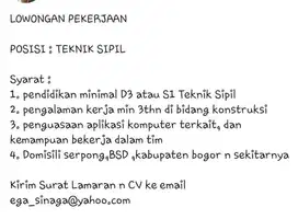 Lowongan Pekerjaan Teknik Sipil Domisili Serpong, BSD, kabupaten bogor