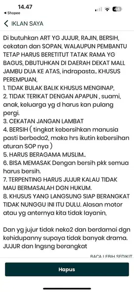 ART YANG MENGERJAKAN SMUA PEKERJAAN RUMAH TANGGA.