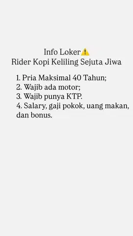 LOKER RIDER KOPI KELILING SEJUTA JIWA MUSTIKA JAYA. PADURENAN, SETU