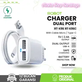 ROBOT Charger Dual Output Fast 2.4A 12W Kabel Data MICRO USB & TYPE-C