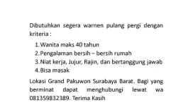 Dibutuhkan Warnen Lokasi Surabaya Barat