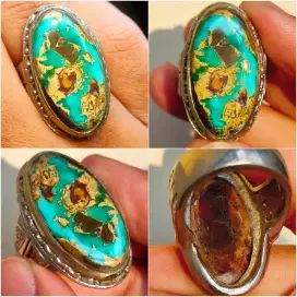 Cincin Batu Pirus Persia Iran Urat Merah Emas Gradasi Hijau Biru Tosca