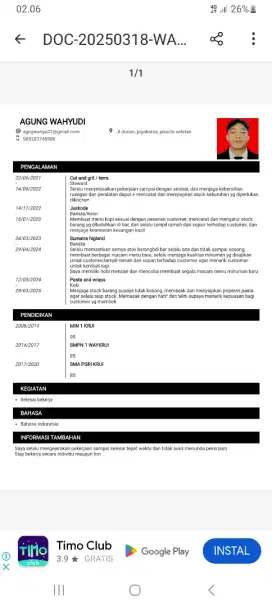 Info loker untuk laki² berumur 23 tahun