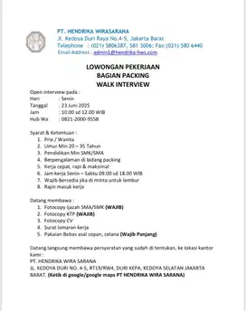 Walk interview lowongan packing