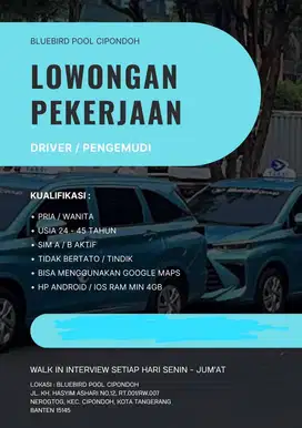 Loker Driver/Pengemudi Taxi Bluebird