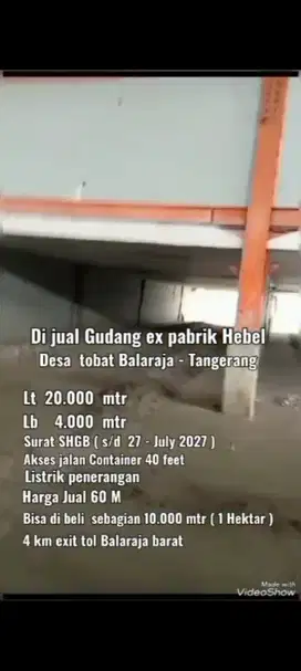 Jual Gudang ex pabrik Hebel, Desa Tobat. Balaraja, Tangerang