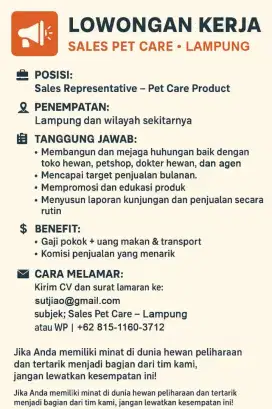 Dicari Sales Representative Pet Care Product Lampung