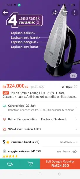 DI JUAL SETRIKA MEREK PHILIPS HD 1173/80 WARNA HITAM