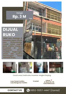 Dijual Ruko 3 Lantai Lokasi Strategis Cocok Gudang, Usaha & Investasi