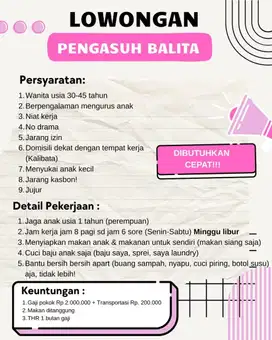 DI CARI PENGASUH ANAK SEGERA!! Dibutuhkan cepat yg bisa dateng hariini