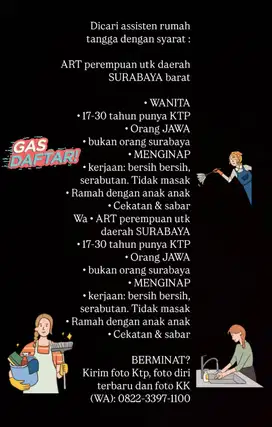 Dicari cepat ART Rumah Tangga