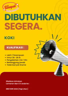 Dibutuhkan !! Koki, Kasir rangkap Waitress