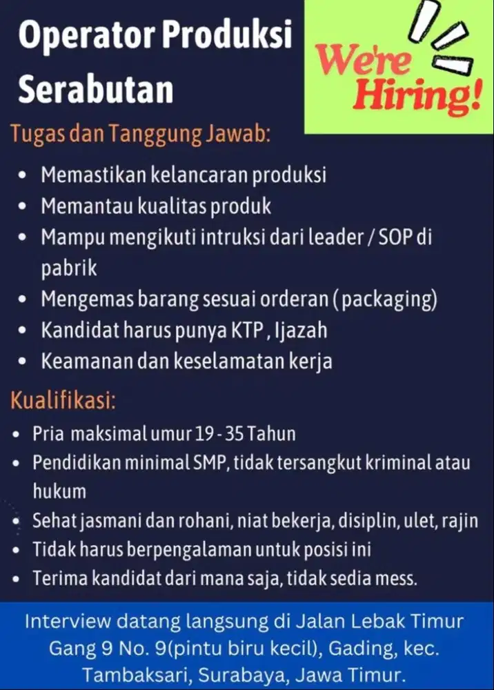 Dibutuhkan Secepatnya Tenaga Kerja Serabutan PRIA