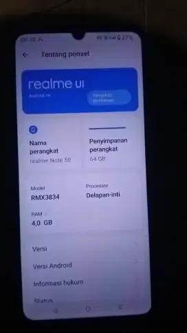 Di jual BU cepat hp realme note 50, ram 4/64, mulus no minus, Jakpus