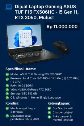 Laptop Gaming ASUS TUF F15 FX506HC - i5 Gen 11, RTX 3050