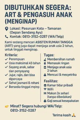 Lowongan ART & Penjaga Anak-Tinggal Menginap, Ada Fasilitas!