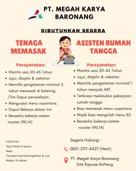 Lowongan tenaga memasak dapur & asisten rumah tangga