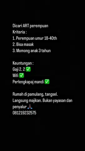 Dibutuhkan art langsung majikan