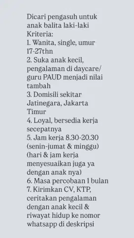 Dibutuhkan Pengasuh untuk Balita Laki-Laki