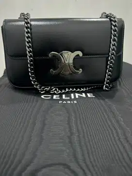 Celine Chain Triomphe shiny Calfskin shoulder Bag Black Shw