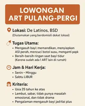 Dicari ART PP / Pulang Pergi daerah BSD Rawabuntu