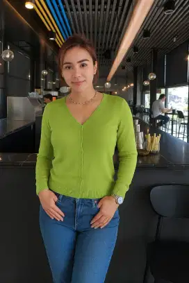 Cardigan Rajut Wanita Lengan Panjang - Warna Lime Green | Basic V-Neck