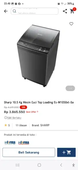 Sharp wash mach toploading 10.5kg