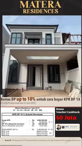 FREE SUBSIDI DP 10 % MATERA RESIDENCES 9 x 15