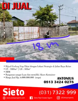 Dijual Gudang Siap Pakai dengan Lokasi Strategis di Jalan Raya Krian
