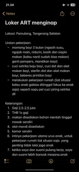 Dicari ART momong anak + serabutan PP atau menginap lokasi Pamulang