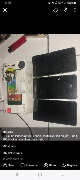 Jual hp lenovi a6000 kondisi mati layar dan lainya di jamin aman