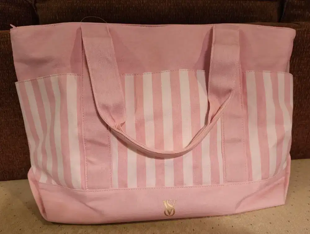 Victoria's Secret Pocket Tote Bag Pink White Heritage Stripe Travel