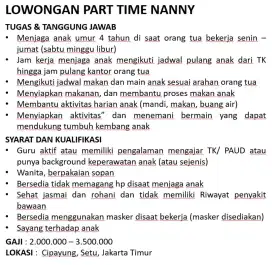 Partime nanny, khusus guru TK/PAUD/bidan