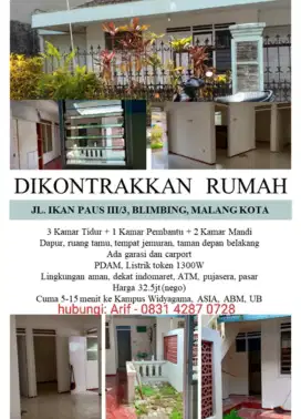 Disewakan Rumah Renov Ikan Paus III/3 Blimbing Kota Malang